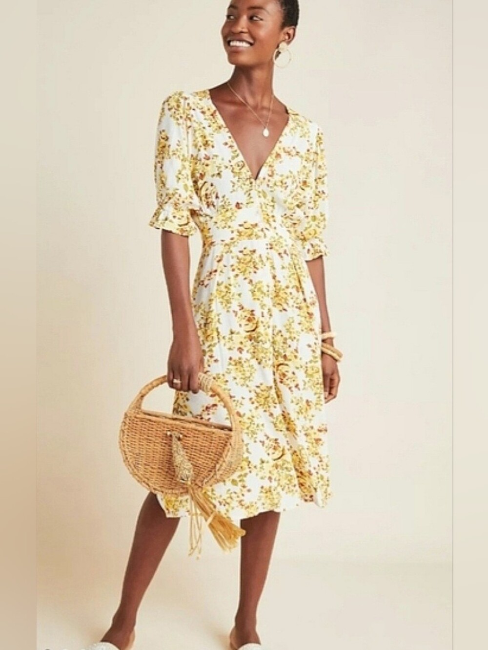 Anthropologie Faithfull the Brand Rafa Yellow Red Floral Crepe Midi Dress, XS